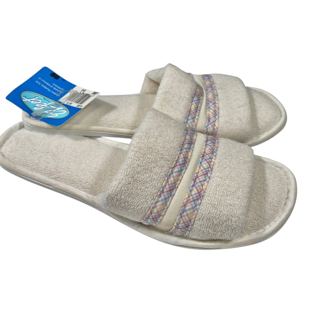 EZ Feet Large 8-9 White Slide Slippers Terry Cloth Plaid Trim Indoor Outdoor Spa